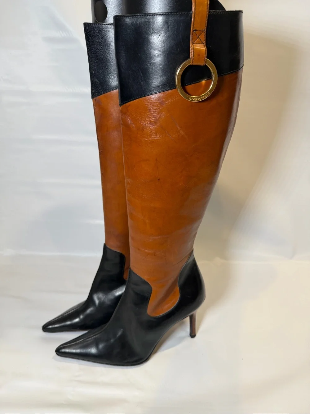 Vintage Dolce & Gabbana Black & Tan Leather Pointed Toe Knee High Boots IT 36 6